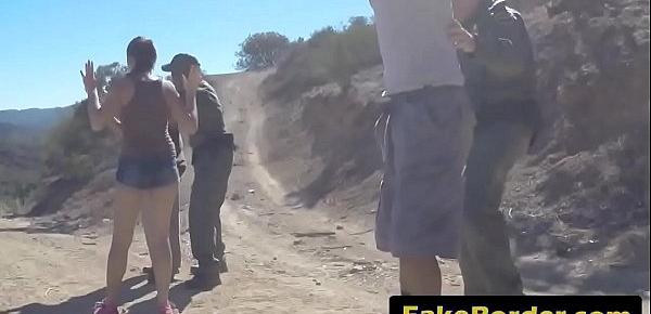  Dark haired chick banged by border guard outdoors